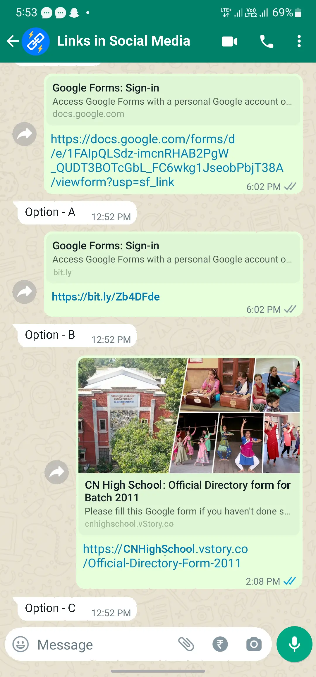 WhatsApp screenshot comparing 3 different looking links, guess which one will get the most clicks